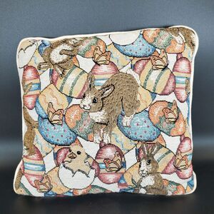 Vintage Easter Bunny Tapestry Pillow 11x11 Pastel Spring Decor